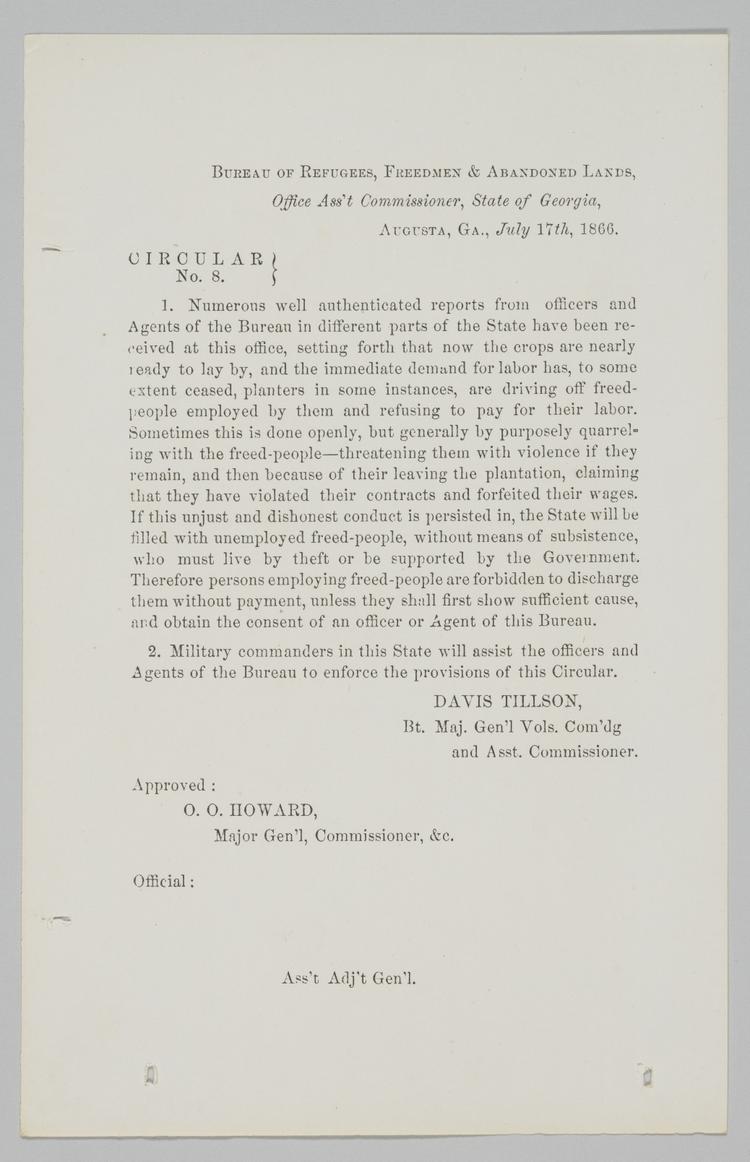 Circular No. 8 from the Bureau of Refugees, Freedmen, and Abandoned Lands, 1866