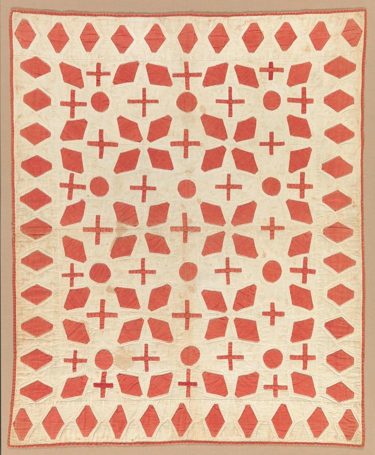 Cream and Red Appliqued Quilted Bedcover, Circa 1850