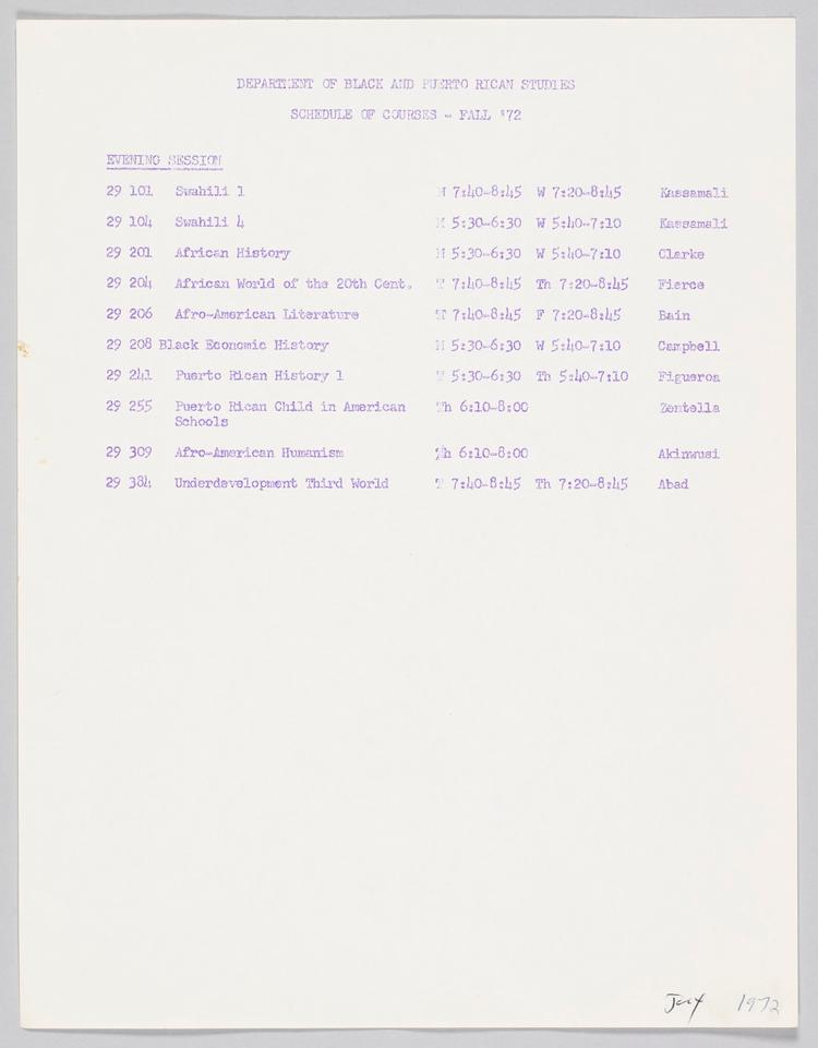 Schedule of Courses for Black and Puerto Rican Studies, Hunter College, 1972